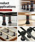 Heavy Duty Adjustable Bed Support Legs 4 Pack 8.4 To 13.5 Inches Holds 4400 Pounds Each shown in various configurations under beds.
