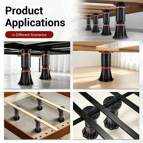 Heavy Duty Adjustable Bed Support Legs 4 Pack 8.4 To 13.5 Inches Holds 4400 Pounds Each shown in various configurations under beds.