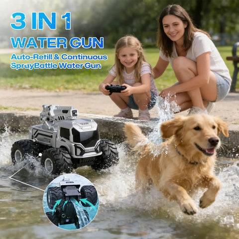 Girl controlling 1:18 Amphibious RC Monster Car For Kids, 4WD Waterproof All Terrain Off Road Boat Stunt Vehicle near dog in water