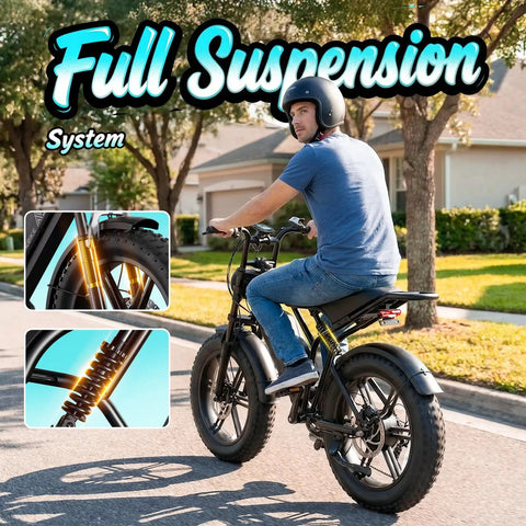 Adult riding All Terrain Electric Bike for adults with 1500W peak motor 48V 15Ah battery 60 mile range on suburban road.