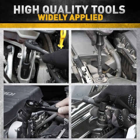 96 Piece Three Eighths Inch Drive Impact Socket Set With SAE Five Sixteenths To Three Quarters Inch And Metric Eight To Twenty Two Mm Sockets Standard And Deep, ratchet in engine bay