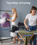 Pro Level 1800W Steam Station For Clothes With A Spiffy 1.5 Liter Pop Out Tank being used for vertical and horizontal ironing.
