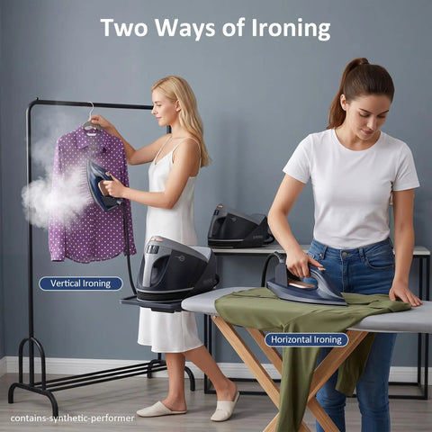 Pro Level 1800W Steam Station For Clothes With A Spiffy 1.5 Liter Pop Out Tank being used for vertical and horizontal ironing.