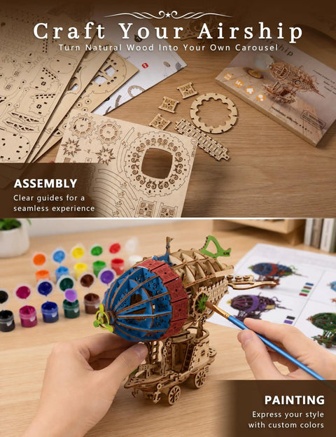 Building and painting the 3D Wooden Steampunk Airship Puzzle Kit For Adults, Epic 160 Precision Cut Pieces, Build And Paint Flying Ship.