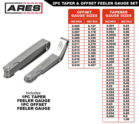 ARES 2-piece tapered and offset feeler gauge set in metal, front view; includes 32 SAE/metric sizes