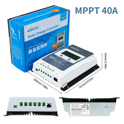 40A MPPT Solar Charge Controller For 12V And 24V Systems With Auto Voltage Recognition Up To 100V PV Input, product packaging and device