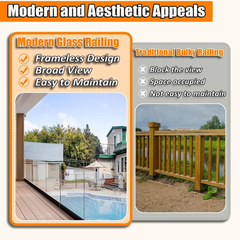 Image comparing Rock Solid Frameless Glass Railing Kit With Aluminum Base Rail For 10 To 15 Mm Panels, showcasing modern vs traditional railings.