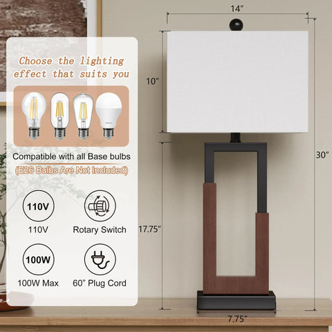 Farmhouse Style Table Lamps Set Of 2 Modern Black Wood Base Bedside Lamps With USB And Type-C Ports 3-Way Dimmable Nightstand Lighting White Rectangular Shade Perfect For Living Room Or Bedroom Decor, alongside bulb compatibility and dimensions.