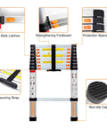 Diagram showing features of 8.5ft Aluminum Telescoping Ladder For Home And Outdoor Use, including slide latches and non-slip cap.