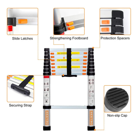 Diagram showing features of 8.5ft Aluminum Telescoping Ladder For Home And Outdoor Use, including slide latches and non-slip cap.
