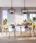 Dining room with Renzo 4 Light Black Lantern Pendant Light Dimmable Adjustable Height Square Cage Hanging Fixture Rustic Chandelier