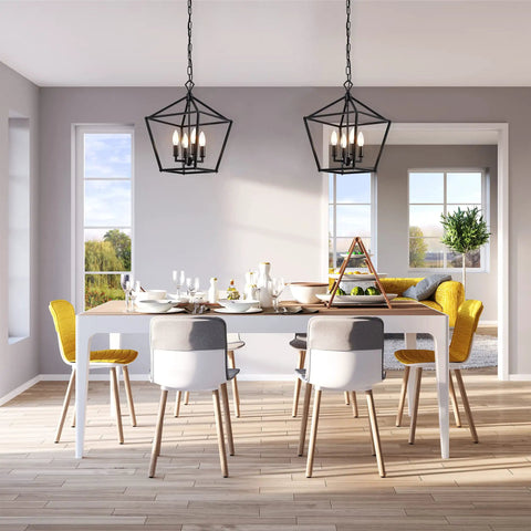 Dining room with Renzo 4 Light Black Lantern Pendant Light Dimmable Adjustable Height Square Cage Hanging Fixture Rustic Chandelier