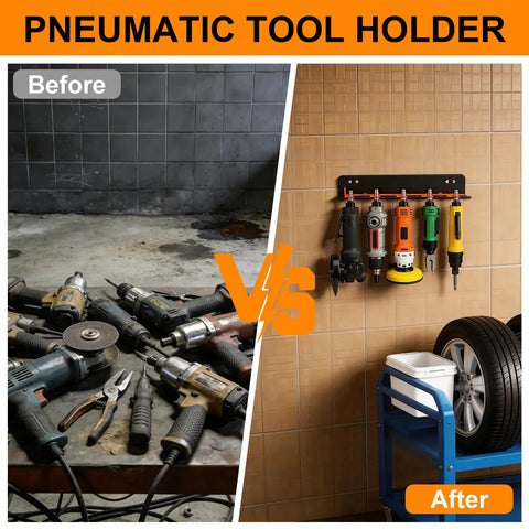 Rock Solid Wall Mount Air Tool Holder Lockable Five Slot Pneumatic Rack For Garage Shop Stash Quick Swap Easy Grab Gear Organizer Fits Quarter Inch Standard Couplers Top Shelf Workspace Setup with tools organized on wall.