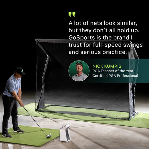 Golfer using Elite Golf Practice Net With Steel Frame, Heavy Duty 7.5ft Square Netting For Serious Swing Practice, commercial grade quality