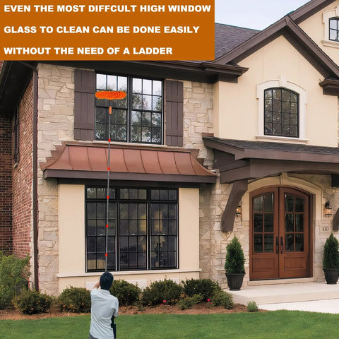Person using All in One Window Cleaning Kit With Twenty Foot Reach Squeegee Duster and Rotatable Pole on high windows.