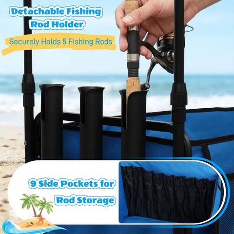 Heavy Duty Beach Fishing Cart For Sand With 9 Inch All Terrain Wheels Foldable Collapsible Wagon With Rod Holders And Side Pockets