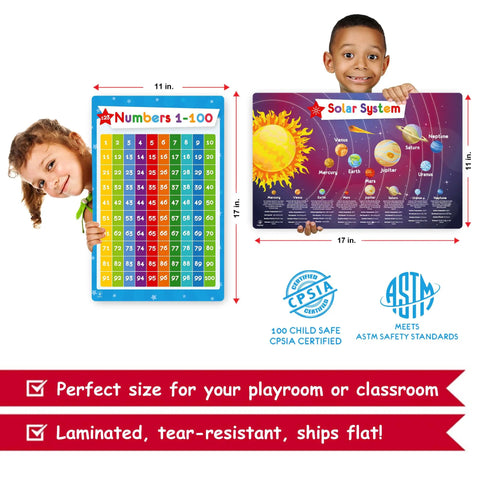 Children holding Numbers 1-100 and Solar System posters, part of the Twenty Six Set Of Fifty Kid Friendly Educational Posters, 17x11, laminated.