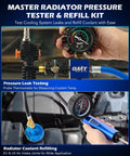 Orion Motor Tech 31pc coolant pressure tester kit with gauge, hoses, and 23 radiator adapters for system testing.