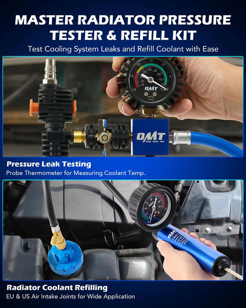 Orion Motor Tech 31pc coolant pressure tester kit with gauge, hoses, and 23 radiator adapters for system testing.