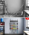 Wall Mounted Ski Rack With 32 Inch Rails For 10 Pairs Five Adjustable 11 Inch Hooks Custom Spacing For Different Skis Holds Up To 300 Lbs Fits Most Skis And Snowboards Perfect Garage And Shed Storage in a garage.