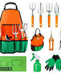 12 Piece Aluminum Garden Tool Set With Canvas Apron And Storage Pocket, Heavy Duty Outdoor Hand Tools For Women And Men displayed