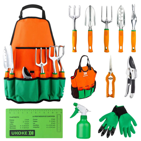 12 Piece Aluminum Garden Tool Set With Canvas Apron And Storage Pocket, Heavy Duty Outdoor Hand Tools For Women And Men displayed