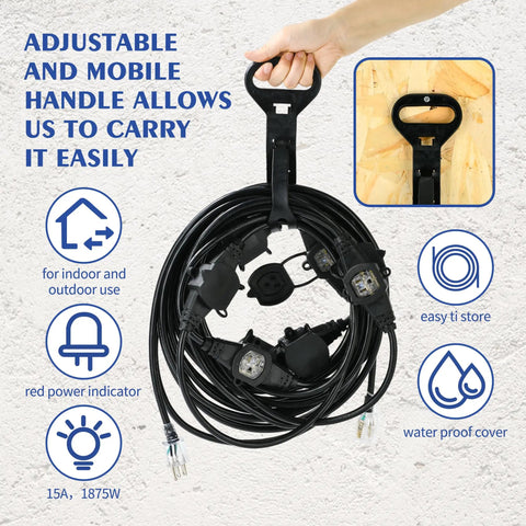 25 Foot 12 Gauge Heavy Duty Multi Outlet Outdoor Extension Cord Featuring Seven Weatherproof Outlets And Led Indicator, adjustable handle for easy carrying.