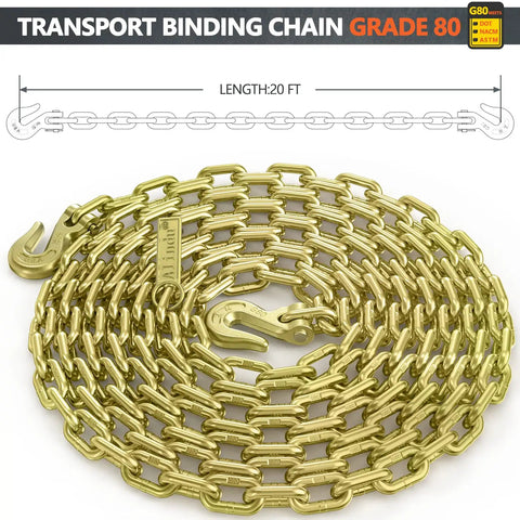 Beefy Heavy Duty Transport Binder Chain With Clevis Grab Hooks 5 16th Inch By 20 Foot 5100 Lb WLL For Tie Downs Load Binding Towing And Logging