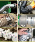 Collage showing Beefy Stainless Steel Duct Clamps Pack Of 20 For 3.5 To 4.5 Inch Hose Clamp in various applications.