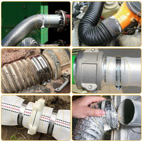 Collage showing Beefy Stainless Steel Duct Clamps Pack Of 20 For 3.5 To 4.5 Inch Hose Clamp in various applications.