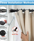 Heavy Duty Adjustable Tension Curtain Rod 42 To 115 Inches Black Shower Rod with anti slip pads and installation methods guide
