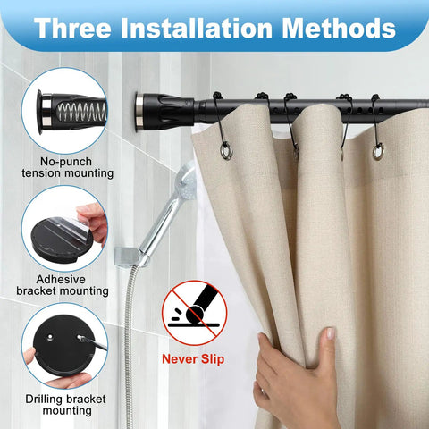 Heavy Duty Adjustable Tension Curtain Rod 42 To 115 Inches Black Shower Rod with anti slip pads and installation methods guide