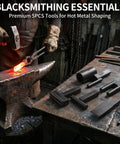 Blacksmith using 5 Piece 1 Inch Blacksmith Hardy Tool Set For Forging And Blacksmithing With Hot Cut Creasing Stake Bottom Fuller