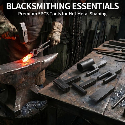 Blacksmith using 5 Piece 1 Inch Blacksmith Hardy Tool Set For Forging And Blacksmithing With Hot Cut Creasing Stake Bottom Fuller