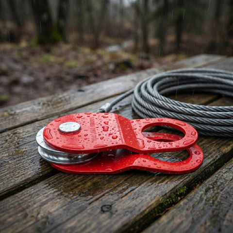 Beefy 10 Ton Snatch Block Winch Pulley For Heavy Duty Recovery, 22,000 Lbs Capacity, Red Aluminum Alloy Sheave, Universal Rope Compatibility For Trucks, 4x4s, Tractors, And Off Road Recovery Gear, with cable on wet wood
