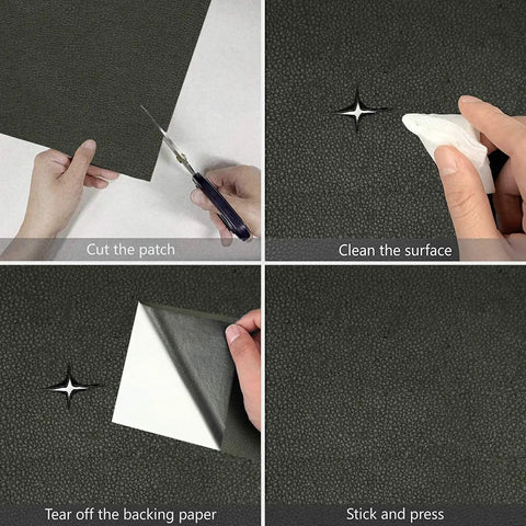 Self Adhesive Faux Leather Repair Patch Kit Waterproof Patch installation steps: cut, clean, tear, and stick.