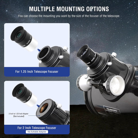 15mm Eyepiece For Telescopes With 5 Element Fully Multi Coated Optics, 52 Degree Field Of View, Classic Super Plossl Design, Threaded For One And A Quarter Inch Filters, Bright Clear High Contrast Views For Astronomy Enthusiasts displayed with multiple mounting options for 1.25 and 2 inch telescope focusers