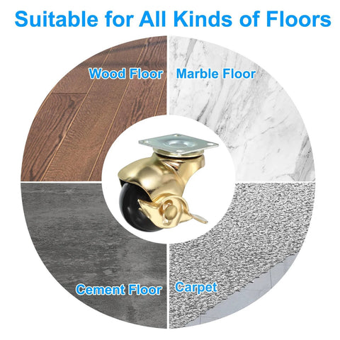 1.5 Inch Ball Caster Wheels With Brake, 4 Pack, shown on various floor types for home mobility, gold, 360 degree swivel top plate.