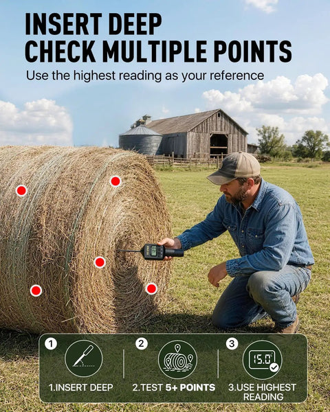 Moisture Meter With 20 Inch Probe For Hay Bales, Round And Square Bale Moisture And Temperature Checker With Fast Backlit Readings, Calibration Clip Included, Black Handle used on round hay bale