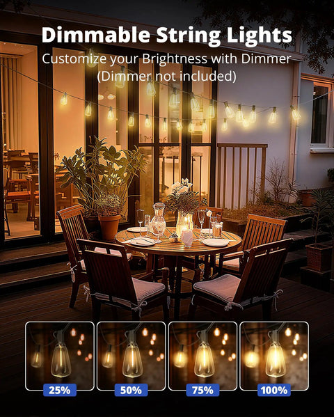 Outdoor String Lights 25 Foot LED Patio Lights With Shatterproof Edison Bulbs illuminating a backyard dining area at night.