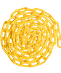 Coiled 2 Inch By 100 Foot Yellow Plastic Safety Chain With SunShield UV Resistant Technology for construction and outdoor events.