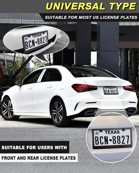 White car with Matte Black License Plate Frames Made From Aluminum Heavy Duty Car Tag Covers, 2 Pack With Slim 2 Hole Design, Screws And Caps Included, Front And Rear Mount, Universal Fit For US And Canada Vehicles.