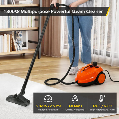 Heavy Duty 1800W Steam Cleaner Packing Five Bars Of Super Hot Vapor At 320F To Blast Away Grime Fast On Carpets Floors And Car Seats While Saving You Elbow Grease From A Big Two Point One Liter Tank Inside, in use on a carpet.