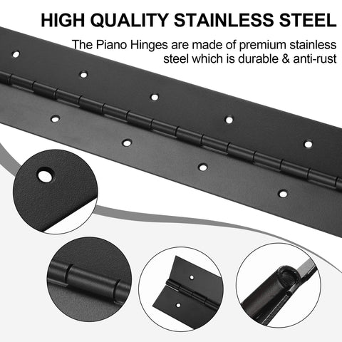 Heavy Duty 36 Inch Piano Hinges 0.047 Inch Thick Stainless Steel Black 2 Pack Continuous Hinge close-up detail.
