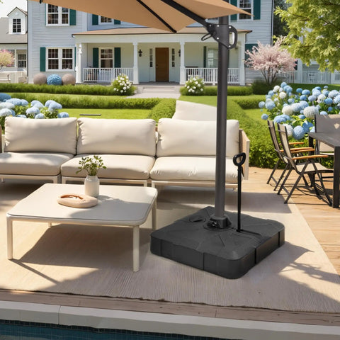 Outdoor Cantilever Umbrella Base With Wheels, Beefy 350 Lb Weighted Stand For Water Or Sand Filling on patio with sofa