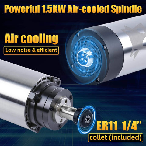Plug And Play 1.5kW VFD Air Cooled CNC Spindle Motor Kit For CNC Router showing ER11 collet and air cooling system