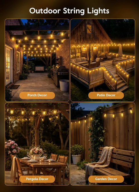 Outdoor spaces lit with 100 Feet Solar String Lights Outdoor Waterproof With Remote Timable Type C Port 31 Plus 2 LED S14 Bulbs.