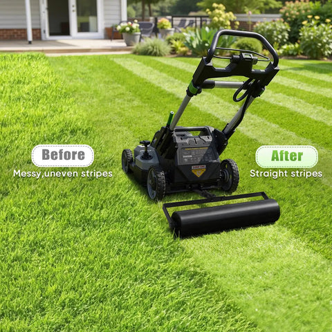 Heavy Duty Lawn Striping Kit With Easy Fill Water Port And Steel Roller For Walk Behind Mowers Compatible With LM2100 Series Create Sharp Lawn Stripes Like A Pro, showcasing before and after lawn stripes.