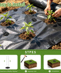 200 Piece Garden Staples Kit Including 100 6 Inch U Shaped Landscape Staples And 100 Fixing Gaskets For Weed Barrier Fabric Ground Cover Fences And Artificial Turf in use securing fabric in a garden with diagram of installation steps