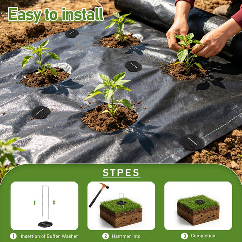 200 Piece Garden Staples Kit Including 100 6 Inch U Shaped Landscape Staples And 100 Fixing Gaskets For Weed Barrier Fabric Ground Cover Fences And Artificial Turf in use securing fabric in a garden with diagram of installation steps